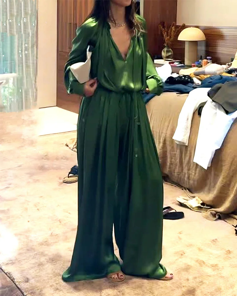 V-Neck Top & Adjustable Waist Pants Two-Piece Set