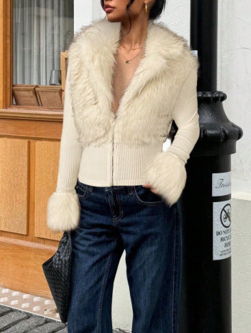 Casual Women'sFaux Fur Zip-Up Long Sleeve ribbed top