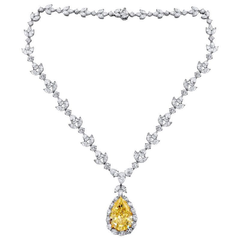 Platinum, 35.31ct Pear Shape Fancy Intense Yellow Diamond and Diamond Pendant Necklace