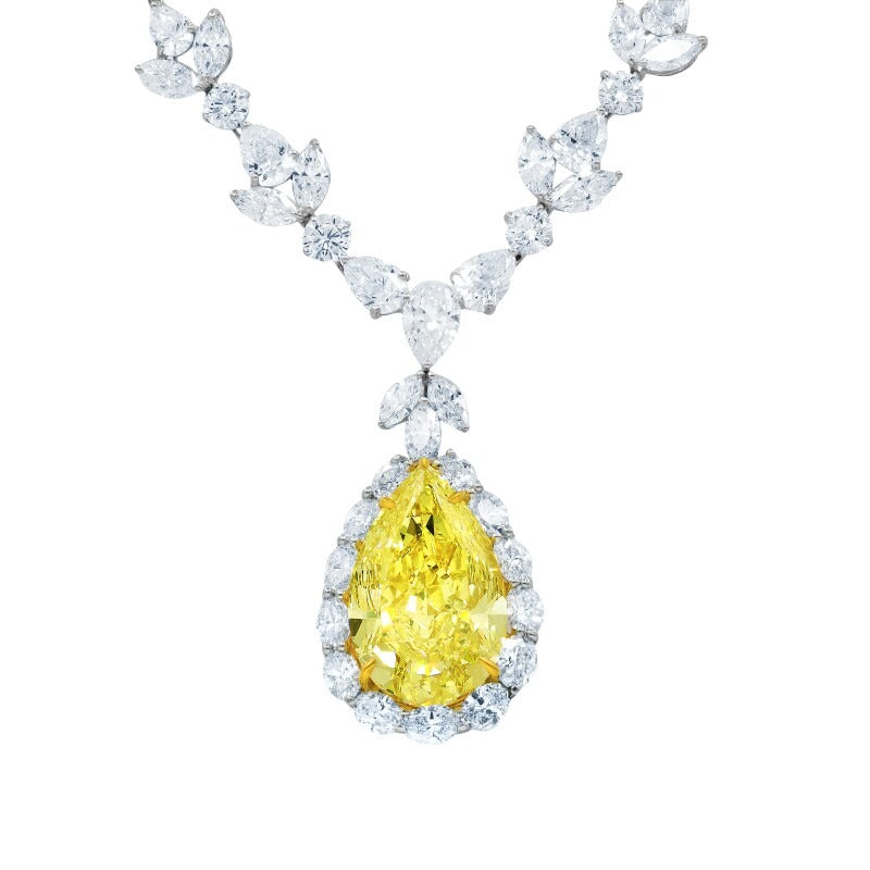 Platinum, 35.31ct Pear Shape Fancy Intense Yellow Diamond and Diamond Pendant Necklace