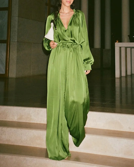 V-Neck Top & Adjustable Waist Pants Two-Piece Set