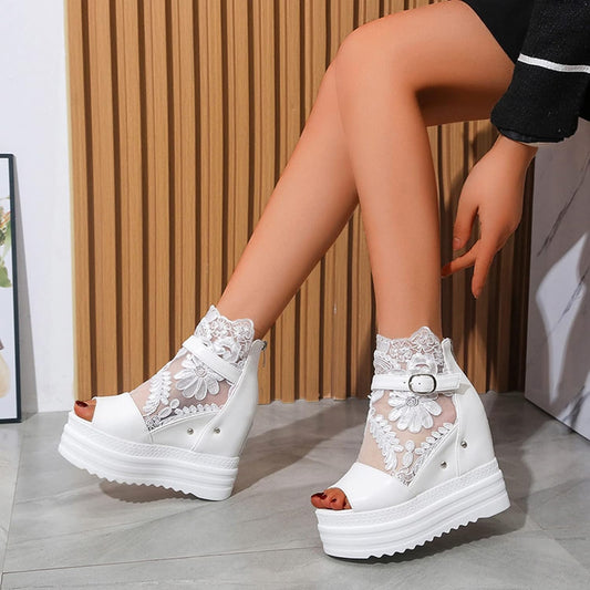 Breathable Mesh Open Toed Back Zippered High Soled Sandals