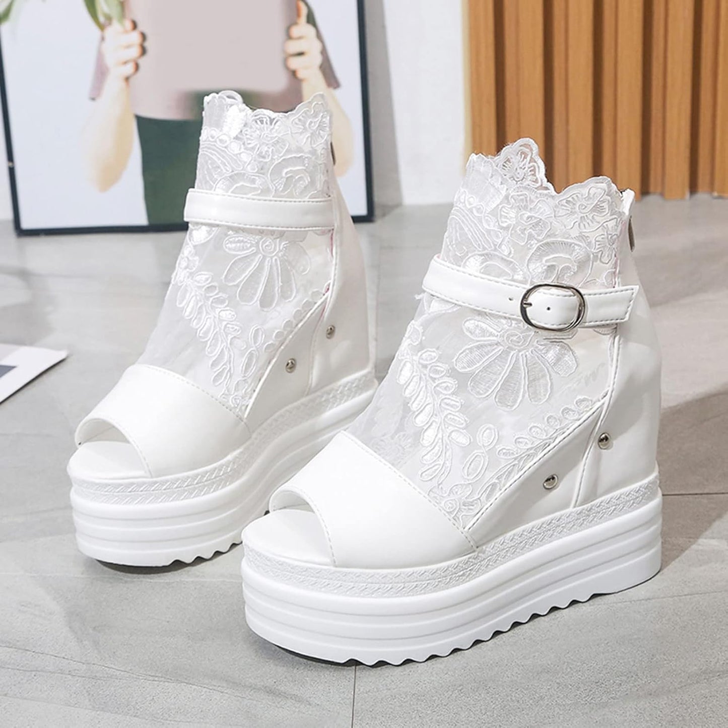 Breathable Mesh Open Toed Back Zippered High Soled Sandals