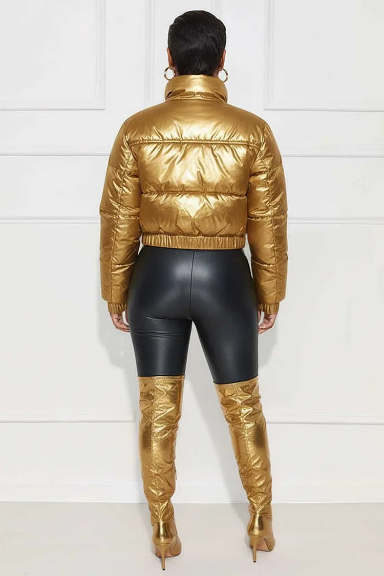 High Neck Flap Pocket Zip-Up Crop Metallic Puff Jacket