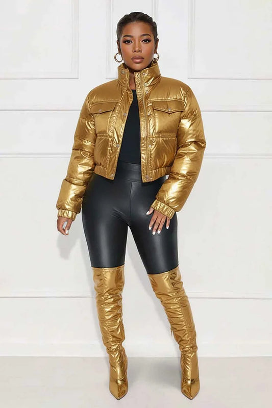 High Neck Flap Pocket Zip-Up Crop Metallic Puff Jacket