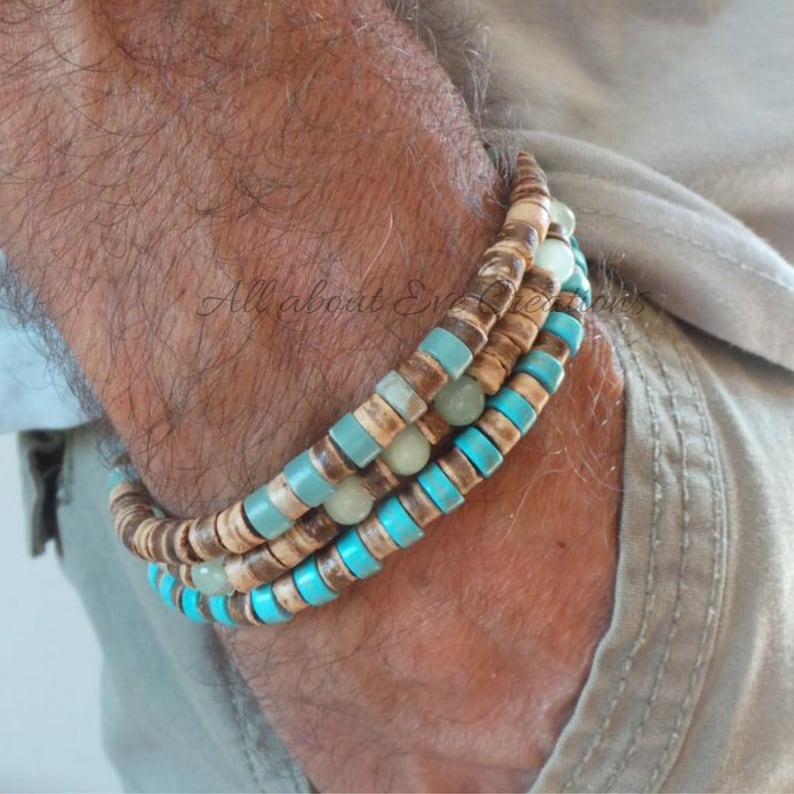 Coconut heishi and turquoise, jade & Jasper. Surfer style bracelet.