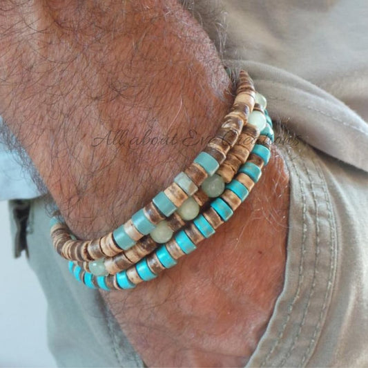 Coconut heishi and turquoise, jade & Jasper. Surfer style bracelet.